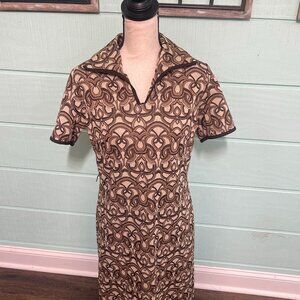 Vintage Toni Todd Mod Brown Tan Geometric Knit Dress 60s Style Retro M